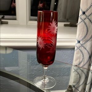 Elegant Cranberry Glass 7” footed bud vase with etched floral design